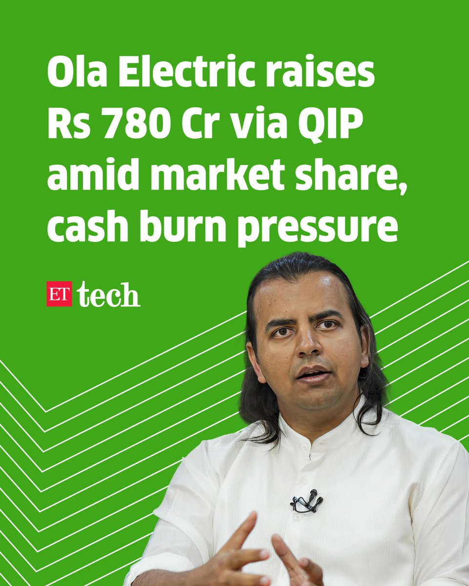 ETtech's tweet photo. 📢📢#ICYMI | Ola Electric has raised about Rs 780 crore through a qualified institutional placement (QIP), giving the EV maker fresh firepower as it tries to revive volumes and claw back market share in India’s electric two-wheeler market. https://t.co/0xgkRTPL6E