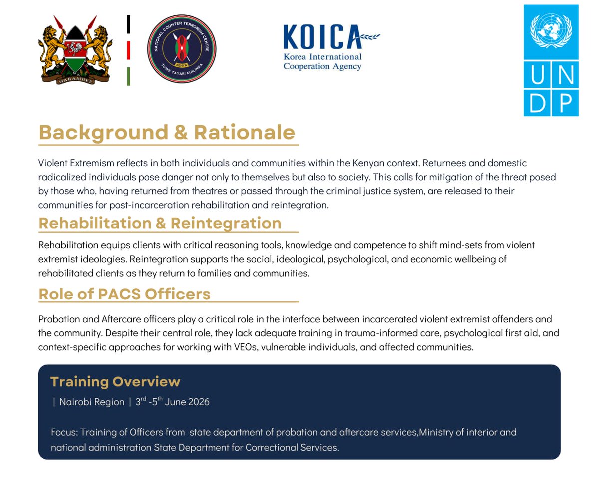 NCTC_Kenya's tweet photo. Building Safer Communities through Rehabilitation & Reintegration

Probation & Aftercare Officers from Nairobi trained on managing Violent Extremist Offenders — equipping them with psychosocial support, trauma-informed care & reintegration models.

Convened by @NCTC_Kenya under the PCVE program through the partnership of KOICA/@UNDPKenya.

3–5 June 2026, Nairobi

#PCVE #CounterExtremism #Rehabilitation #Reintegration #NCTC #KOICA #UNDP #Kenya