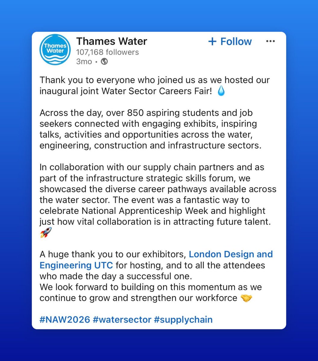 MonkEmma's tweet photo. Thames Water hosted the first joint "Water Sector Careers Fair" for predominantly students in February.

They had morning sessions for older school-aged kids and the afternoon for students and job-seekers - 850 of them

8/ https://t.co/u5SRcdQEqz