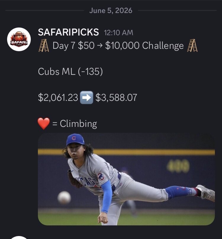 Orbigiboy's tweet photo. 🪜 Day 7 $50 → $10,000 Challenge 🪜

Cubs ML -135 ✅

$50 ➡️ $3,588.07 💰

Day 1: Guardians ML (-115) ✅
Day 2: PSG to Win (-120) ✅
Day 3: Cardinals ML (-110) ✅
Day 4: Mariners ML (-125) ✅
Day 5: Reds ML (-120) ✅
Day 6: Cardinals ML (-110) ✅
Day 7: Cubs ML (-135) ✅ https://t.co/XVFlXULpbT