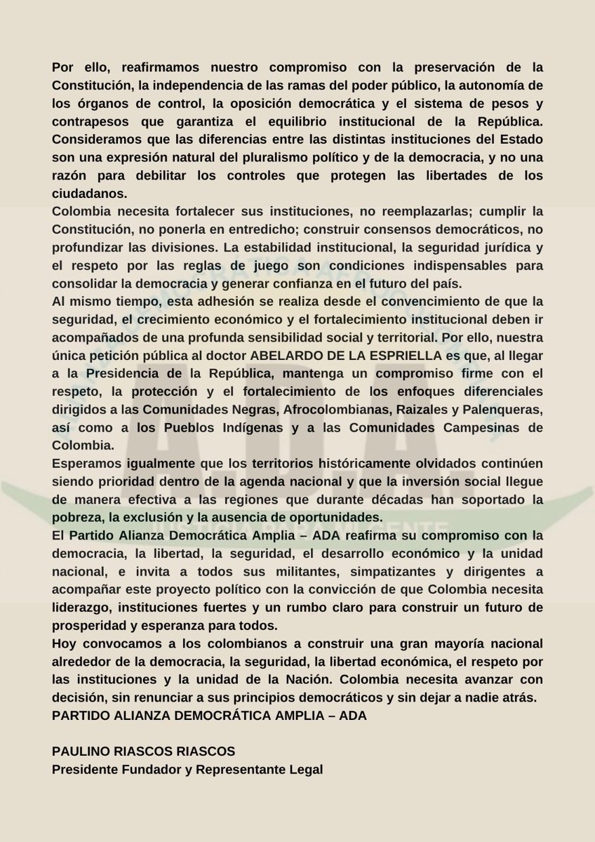 BenkosPacifico's tweet photo. PARTIDO A.D.A. Apoyaremos a Abelardo delaspriella en segunda vuelta presidencial. Firme por la Patria . https://t.co/m3Px7LIO41
