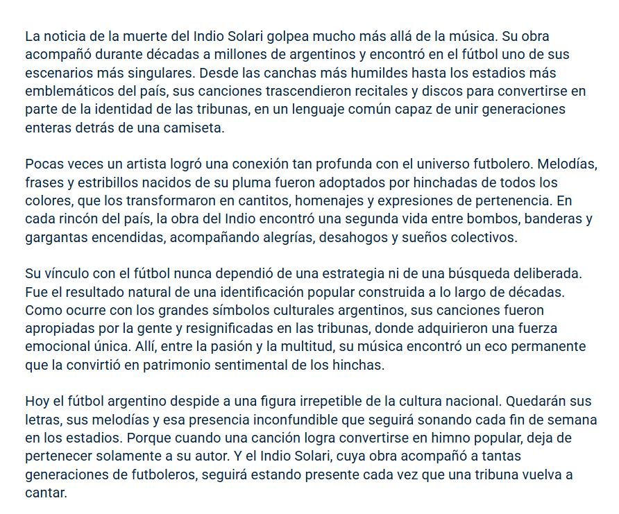 okdobleamarilla's tweet photo. 🚨#AHORA | #AFA emitió un comunicado para despedir al "Indio" #Solari: "Una voz que se volvió bandera popular"

"Desde las canchas más humildes hasta los estadios más emblemáticos del país, sus canciones trascendieron recitales y discos para convertirse en parte de la identidad de las tribunas"

"Su vínculo con el fútbol nunca dependió de una estrategia ni de una búsqueda deliberada. Fue el resultado natural de una identificación popular construida a lo largo de décadas"

"Hoy el fútbol argentino despide a una figura irrepetible de la cultura nacional. Quedarán sus letras, sus melodías y esa presencia inconfundible que seguirá sonando cada fin de semana en los estadios"