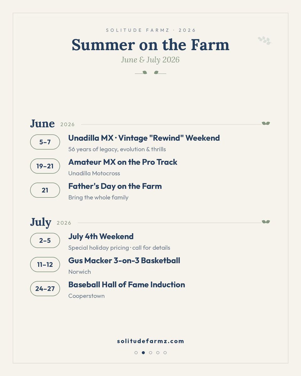 SolitudeFarmz's tweet photo. 🌳 Your whole 2026 at Solitude Farmz is here.

Race weekends at Unadilla, Cooperstown induction, peak fall foliage, and cozy holidays on the farm - we've mapped out the entire year so you can plan the perfect getaway. 

Find your weekend https://t.co/ttc5KTKV7I