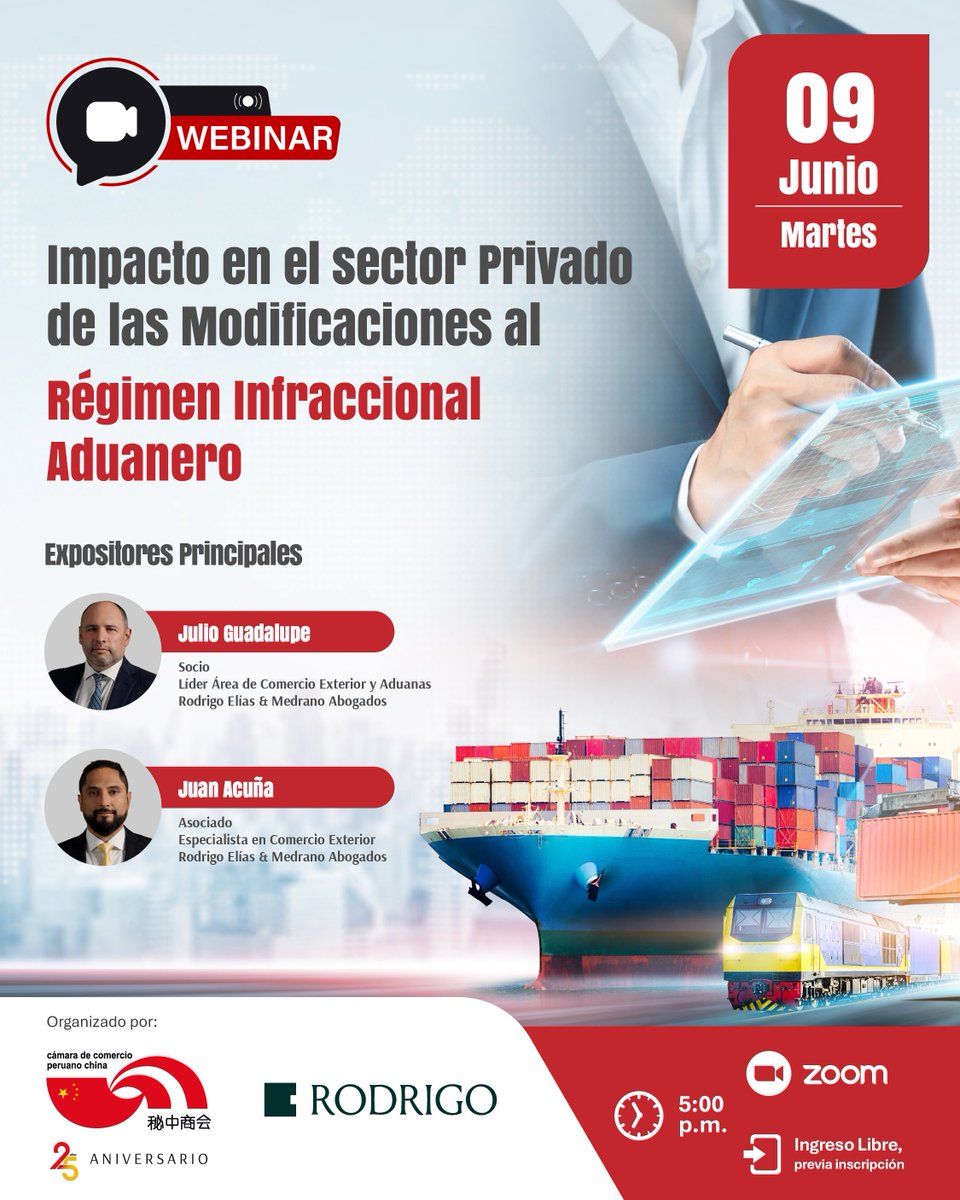capechiperu's tweet photo. ⏳ ¡Faltan 4 días!
Participa en el Webinar Aduanero: "Impacto en el Sector Privado de las Modificaciones al Régimen Infraccional Aduanero"

📅 Martes, 09 de junio de 2026
🕔 5:00 p.m.
💻 Vía Zoom
🎟️ Evento gratuito (previa inscripción)
🔗 Inscríbete aquí: https://t.co/aX4PsYbqZl

🔒 Evento exclusivo para asociados de CAPECHI.

Conoce los principales cambios al régimen sancionador aduanero, las nuevas disposiciones sobre multas y gradualidad, así como medidas preventivas para minimizar contingencias en las operaciones de comercio exterior.

👨‍🏫 Expositores:
• Dr. Julio Guadalupe – Socio Líder del Área de Comercio Exterior y Aduanas, Rodrigo Elías & Medrano Abogados.
• Dr. Juan Acuña – Asociado Especialista en Comercio Exterior y Aduanas, Rodrigo Elías & Medrano Abogados.

Organizan:
Cámara de Comercio Peruano China y Rodrigo Elías & Medrano Abogados