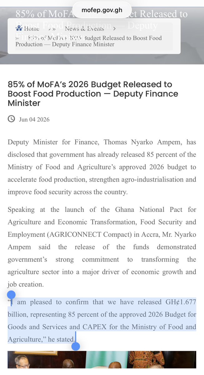 CallmeAlfredo's tweet photo. The Ministry of Finance says 85% of the Ministry of Food and Agriculture’s budget has been released. The Deputy Minister was actually referencing the Goods and Services and Capital Expenditure components of the budget even though the headline said the ministry’s budget. 

The Ministry of Agriculture, through a media liaison, disputed the claim. However, I have seen data from the Ministry of Finance covering both Q1 and Q2 that appears to support the 85% release figure for those expenditure categories.

What is interesting is that the data shared by the Agriculture Ministry’s media liaison appears to cover only Q1, even though it was presented as evidence for the first half of the year. The liaison must provide the data for Q2 as well.