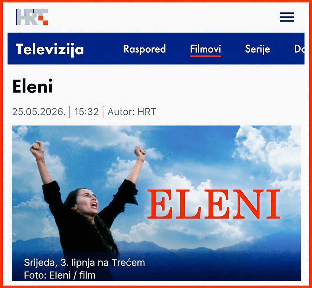 4fABkkc5xTv2aek's tweet photo. 🔴Η ταινία «Ελένη» προβάλλεται σ’ όλο τον κόσμο, εκτός από την Ελλάδα.
🔴Όπως μπορείτε να δείτε στην εικόνα που παραθέτω, προχθές το βράδυ, η εμβληματική ταινία «Ελένη», προβλήθηκε από το κρατικό κανάλι HRT 3 της κροατικής τηλεόρασης. Και, κατά καιρούς, έχει προβληθεί από πολλά και διάφορα τηλεοπτικά κανάλια διαφόρων χωρών, εκτός μιας: της Ελλάδας.
🔴Στην Ελλάδα, δεν έχει προβληθεί ούτε μια φορά, είτε από ιδιωτικό, είτε από κρατικό κανάλι, δείγμα της συνεχιζόμενης ιδεολογικής κυριαρχίας της αριστεράς στην ελληνική κοινωνία. Μιας ιδεολογικά χρεοκοπημένης αριστεράς, που τρέμει στην ιδέα της προβολής της αντίθετης άποψης (η οποία, στην συγκεκριμένη περίπτωση βασίζεται σε πραγματικά γεγονότα...) και την απαγορεύει, όπου μπορεί να το κάνει αυτό.
🔴Είναι υποχρέωση της ΕΡΤ (ή μήπως Σοβι-ΕΡΤ;), η οποία προβάλλει, συνεχώς και αδιαλείπτως, όλες τις ταινίες της αριστερής υποκουλτούρας, να προβάλλει και την «Ελένη»! Εν τέλει, την ΕΡΤ, την πληρώνουν -από το υστέρημά τους!- όλοι οι Έλληνες, κι όχι μόνο οι αριστεροί, οι οποίοι είναι πλέον μια μικρή μειοψηφία στην ελληνική κοινωνία!~