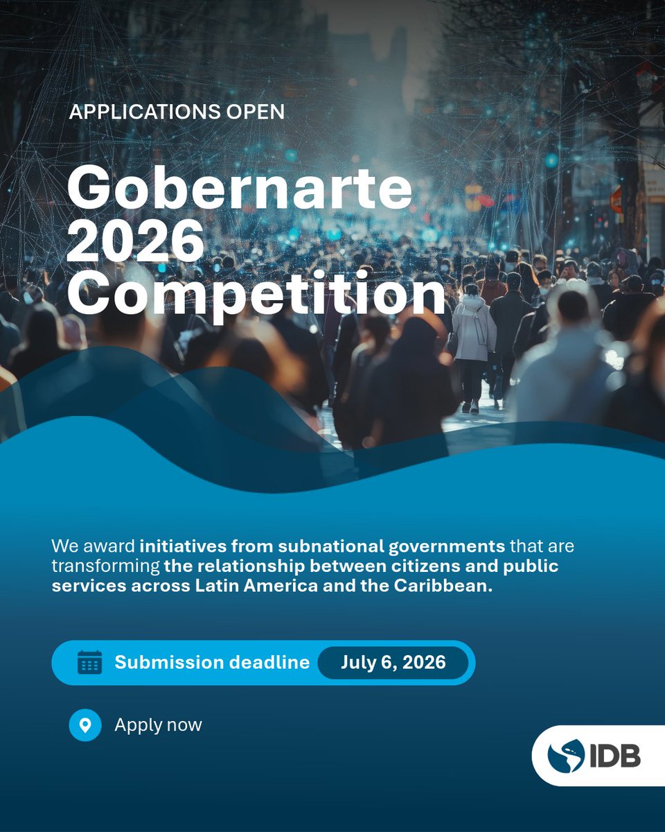 the_IDB's tweet photo. 📣 The Gobernarte 2026 Competition is now open!

We're recognizing innovative solutions led by subnational governments that are improving lives across Latin America and the Caribbean. Does your city, municipality, province, state, or region have a contender?

🗓 Apply by July 6.

🔗 Learn more: https://t.co/wnY8IC7F4k