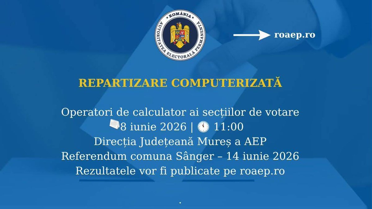aep_ro's tweet photo. Comunicat de presă privind desemnarea, prin tragere la sorți computerizată, a operatorilor de calculator ai birourilor electorale ale secțiilor de votare organizate cu ocazia referendumului local din comuna Sânger, județul Mureș
➡️ https://t.co/iBbWvLq0m4 https://t.co/UVsd2ByQP7