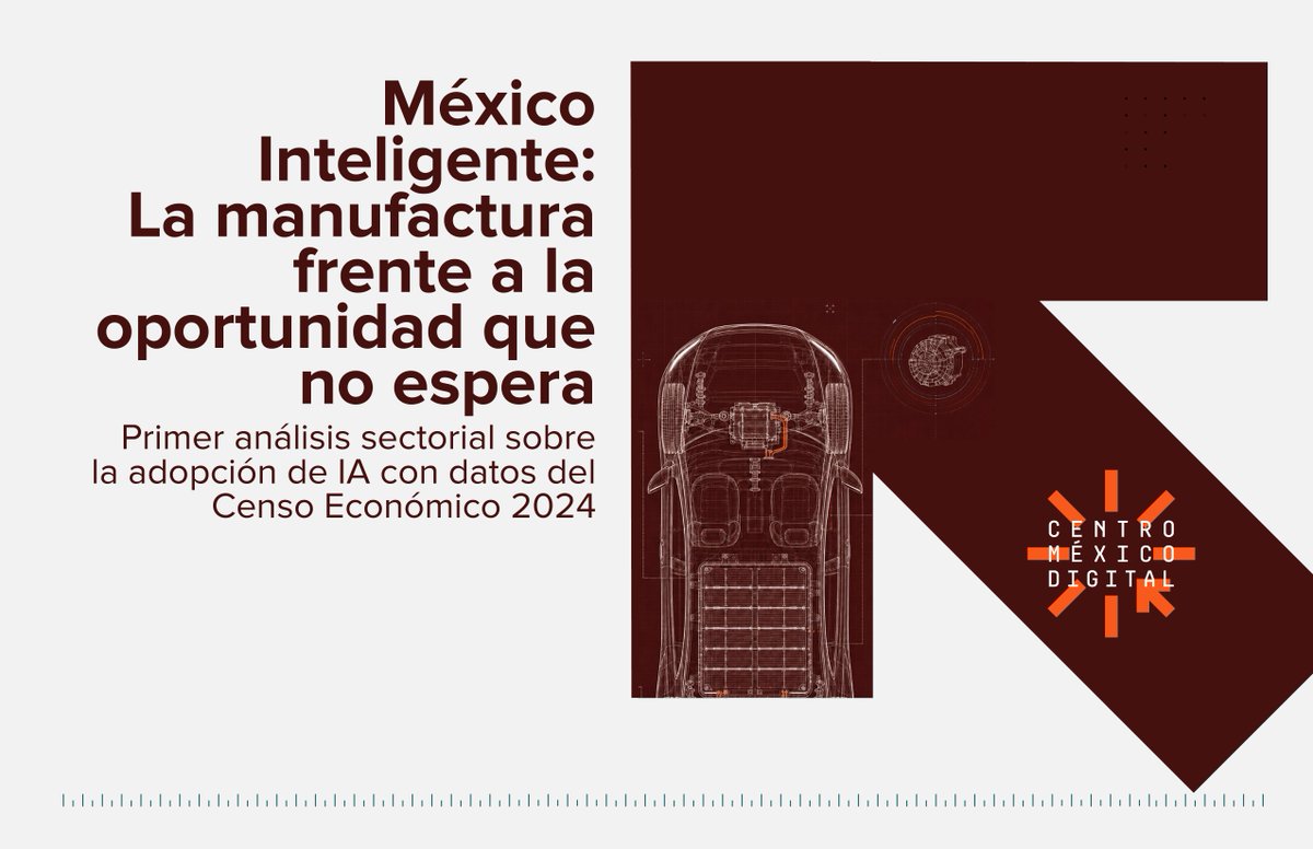 centromxdigital's tweet photo. El sector que más produce, más exporta y más emplea en México es uno de los que menos adopta la tecnología más transformadora de estos tiempos.

Hoy presentamos los datos que explican esa paradoja — y lo que significa para el futuro económico del país.

"México Inteligente: La manufactura frente a la oportunidad que no espera"
Centro México Digital · Viernes 5 de junio · 10:00 hrs
Secretaría de Economía · Ciudad de México