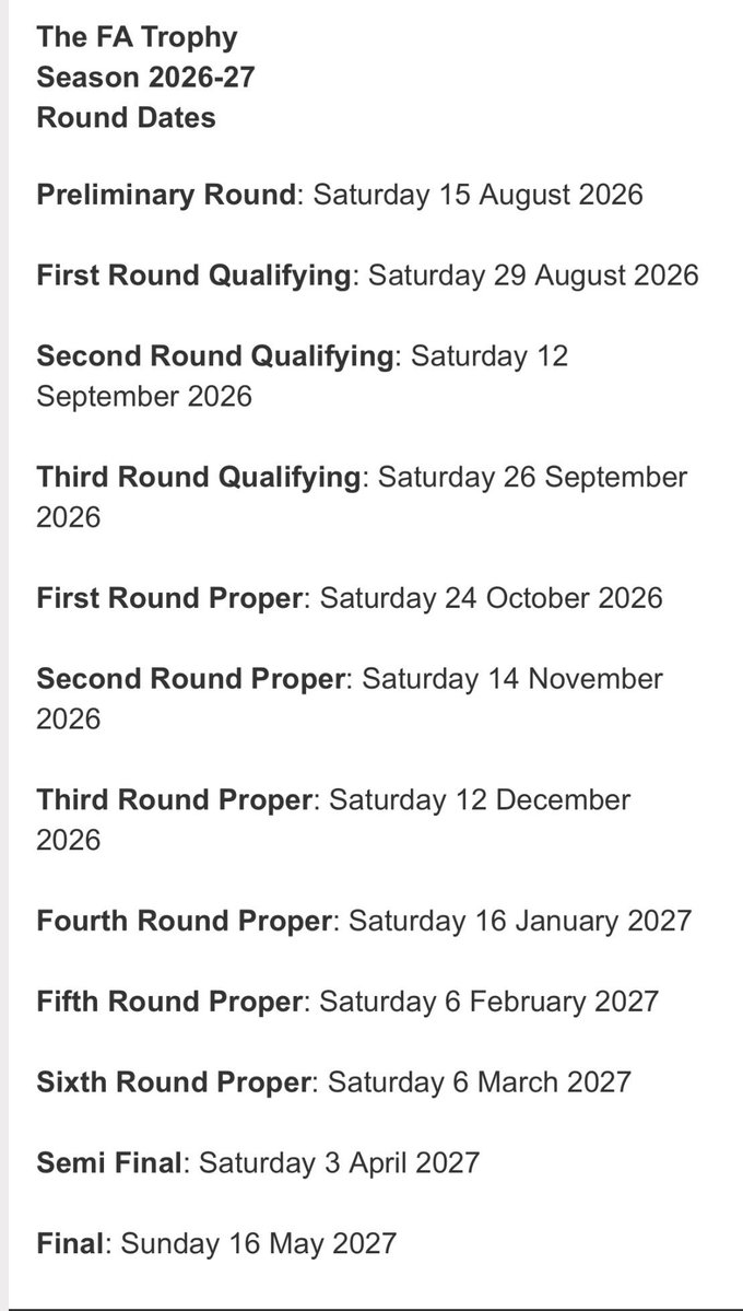 Ollie_Bayliss's tweet photo. Next season’s FA Trophy &amp; FA Vase dates: https://t.co/ag7e2OzShp