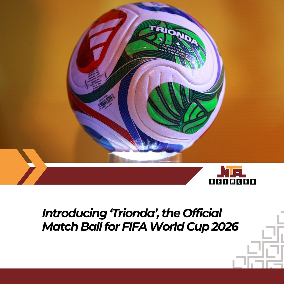 NTANewsNow's tweet photo. The official match ball for FIFA World Cup 2026 has been manufactured by Adidas and is called the 'Trionda', which translated from Spanish means "three waves".
It features a red, green and blue colour scheme that pays homage to the three host countries - Canada, Mexico and the United States. Adidas claim that its "connected ball technology" will be helpful in relaying data to VAR, with AI helping to make decisions.
The adidas TRIONDA features a state-of-the-art 500Hz motion sensor chip that sends precise, real-time ball movement data to the Video Assistant Referee (VAR) system 500 times per second.
Unlike the 2022 World Cup ball, the TRIONDA houses a rechargeable battery that powers the sensor and lasts up to 6 hours of active gameplay.