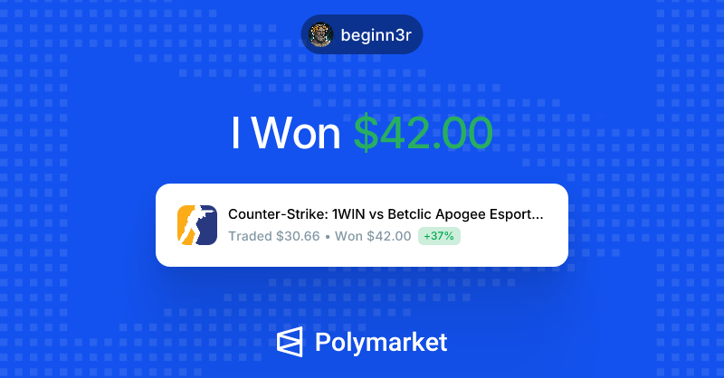 winner_here's tweet photo. Мой выигрыш на @Polymarket составил 42 долл. США!

Присоединяйтесь ко мне и поставьте свои деньги на то, во что вы верите: https://t.co/z7UlpCUrpv https://t.co/AcuNU69HL2