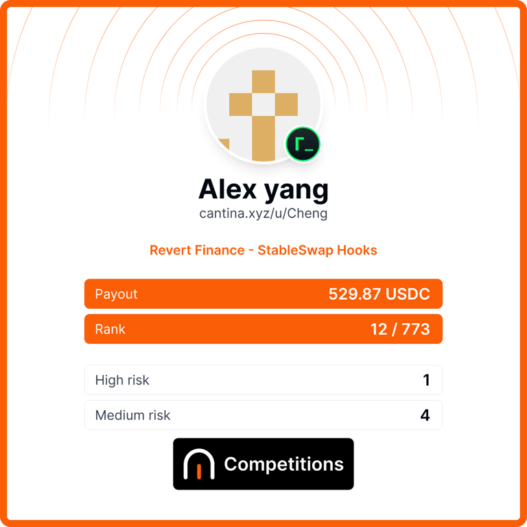 0x0xCheng's tweet photo. Staying persistent and focused on making DeFi safer.
Grateful to @code4rena, @cantinasecurity, @philbugcatcher, @PatrickAlphaC 💪 https://t.co/BnLmHAZLYG