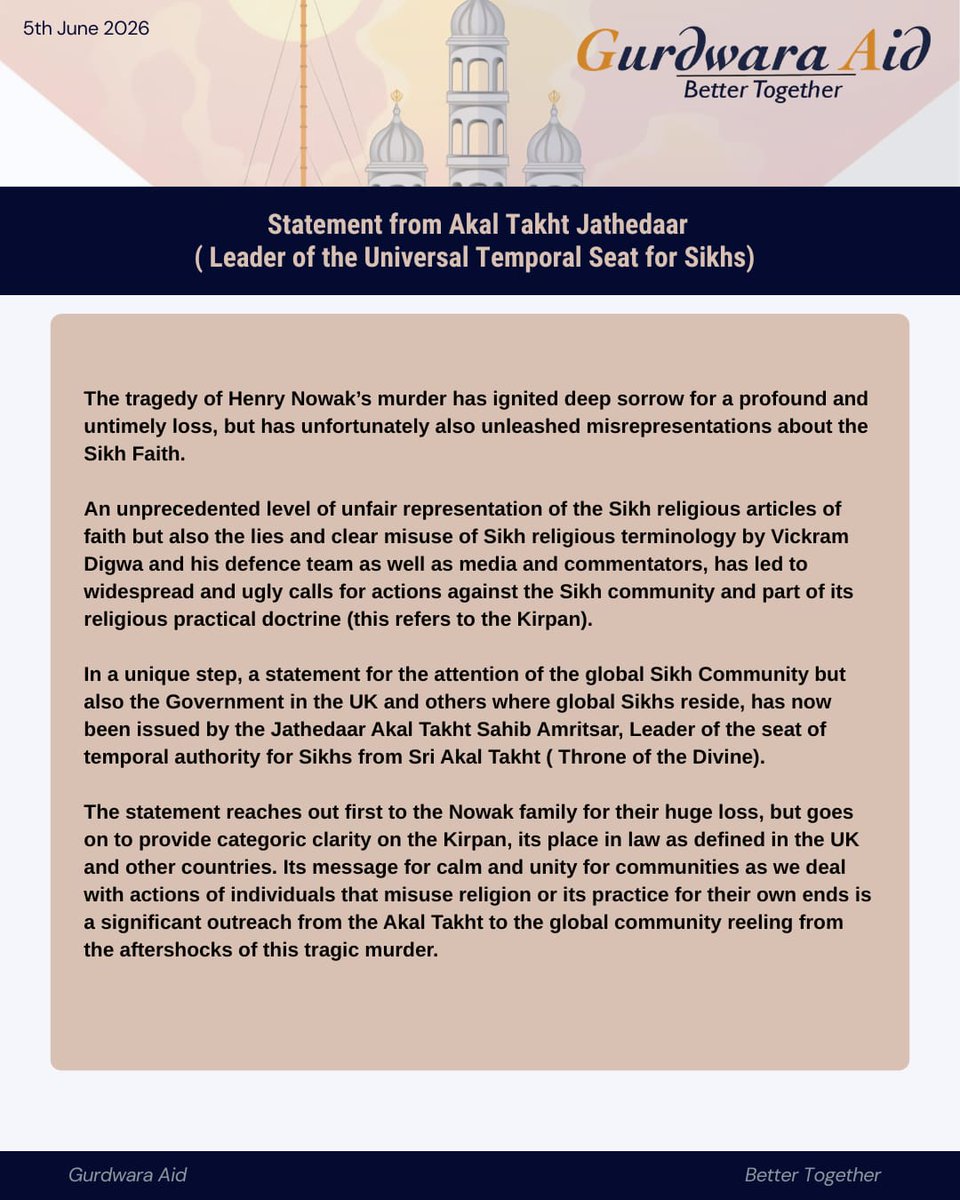 GurdwaraAid's tweet photo. OFFICIAL STATEMENT FROM AKAL TAKHT SAHIB ON THE HENRY NOWAK CASE

Kuldip Singh
Jathedar, Sri Akal Takhat Sahib,
Sri Amritsar.

#GURDWARAAID #BETTERTOGETHER https://t.co/c1tFqDrqHP