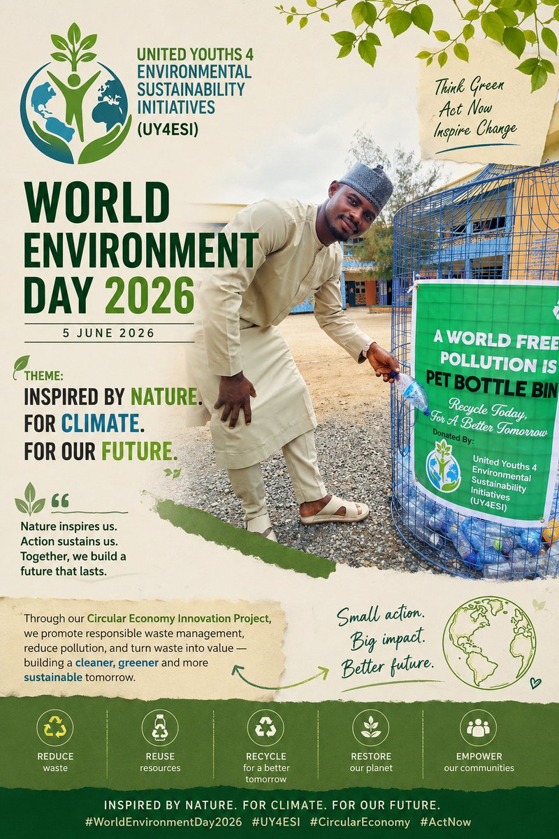 UY4ESI's tweet photo. This #WorldEnvironmentDay2026 ๐ฑ, we & our CEO @Ibrodollars reaffirm our commitment to a cleaner, greener and more sustainable future.
Through our PET Bottle Collection Bin Circular Economy Innovation Project, we are inspiring environmental stewardship.
#UY4ESI @BalarabeAbbas_ https://t.co/gjsej1jPZI