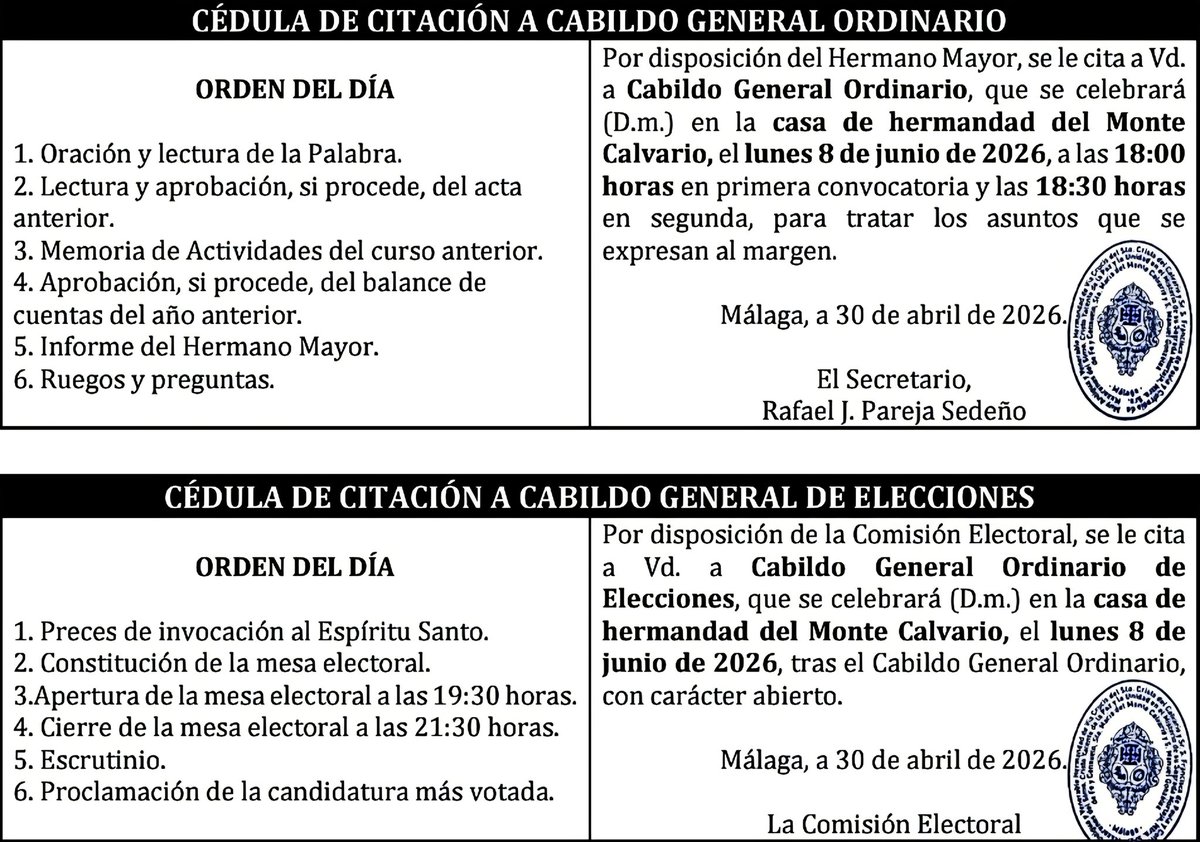 MonteCalvario's tweet photo. 🗳 CABILDO GENERAL DE ELECCIONES | #CofradíasMLG

⛪️ Casa Hermandad.
📅 Lunes, 8 de junio.

◼️ Cabildo General Ordinario.
🕰 1ª Convocatoria: 18:00h.
🕰 2ª Convocatoria: 18:30h.
◼️ Cabildo General de Elecciones.
🕰 19:30h. - 21:30h.

👉🏼 Más información en: https://t.co/w6T90942tL https://t.co/AGqEXoSei0