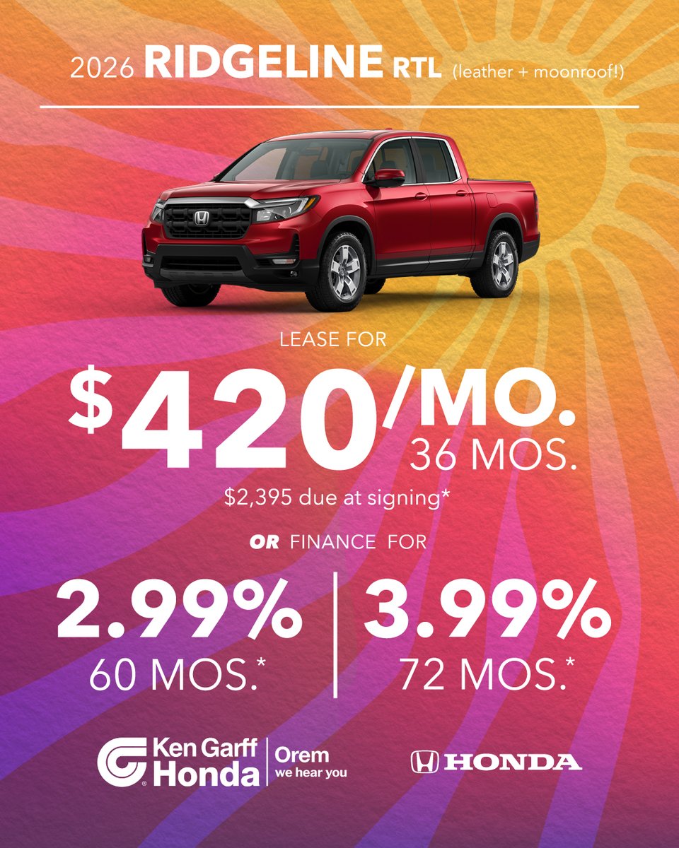 hondaorem's tweet photo. Lease the 2026 Ridgeline RTL for just $420/month for 36 months with $2,395 down. Or finance at 2.99% for 60 months or 3.99% for 72 months!

Shop now: https://t.co/DltC5lUAjT

*See dealer for details. Offer Expires 07/06/2026. https://t.co/dJLFH5vENg