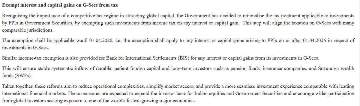 IndEmbGeorgia's tweet photo. In a major reform, the Government has announced measures to deepen the G-Sec market and facilitate greater Foreign Portfolio Investment (FPI) in the equity segment.

The series of measures are aimed at enhancing the ease of investment for individual Persons Resident Outside India (PROIs) and Foreign Portfolio Investors (FPIs), and to attract stable long-term foreign capital flows.

მასშტაბური რეფორმის ფარგლებში, მთავრობამ გამოაცხადა ზომები, რომლებიც მიზნად ისახავს G-Sec ბაზრის გაღრმავებას და სააქციო სეგმენტში უცხოური პორტფელის ინვესტიციების (FPI) გაზრდის ხელშეწყობას.

 ზომების სერია მიზნად ისახავს ინდოეთის ფარგლებს გარეთ მცხოვრები ფიზიკური პირებისა (PROIs) და უცხოური პორტფელის ინვესტორებისთვის (FPIs) ინვესტიციების გამარტივებას და სტაბილური გრძელვადიანი უცხოური კაპიტალის ნაკადების მოზიდვას.

@MEAIndia
@IndianDiplomacy
@DrSJaishankar
@PMOIndia
@mygovindia
@PIB_India
@MIB_India
@airnewsalerts
@DDNewslive

Read more at:  https://t.co/PphXordSW4