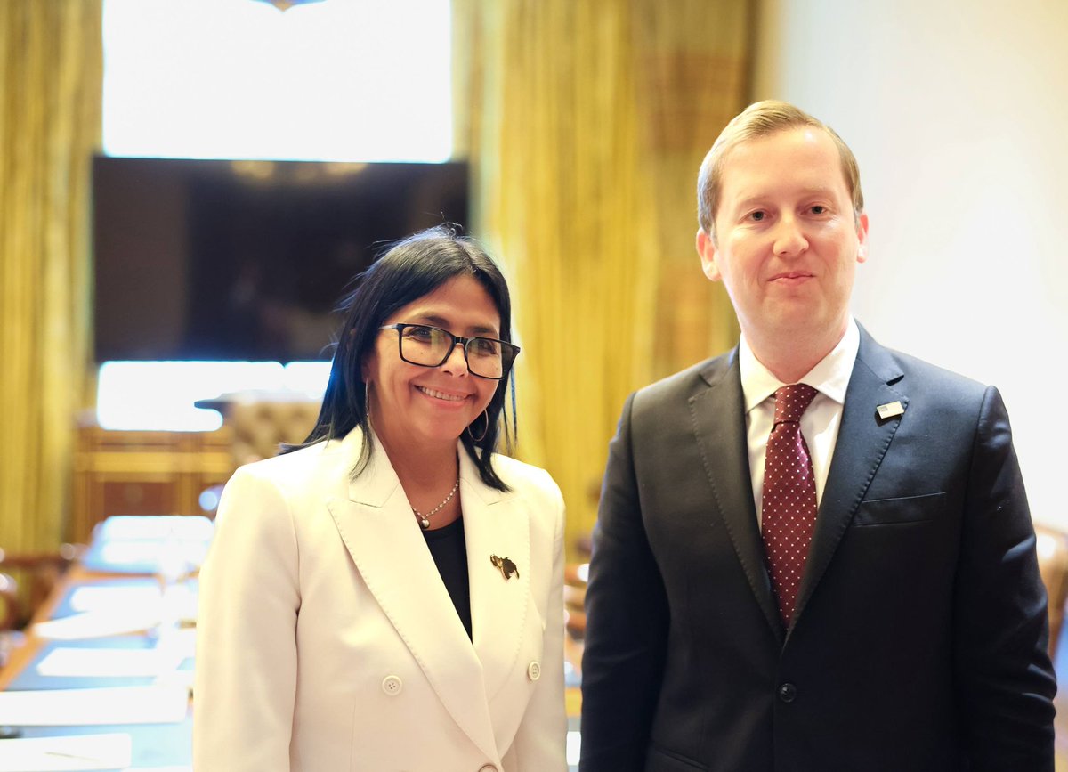 sidhant's tweet photo. Visiting interim Venezuela President Delcy Rodriguez meets US Ambassador Sergio Gor in Delhi. https://t.co/0XA5MsUSLg