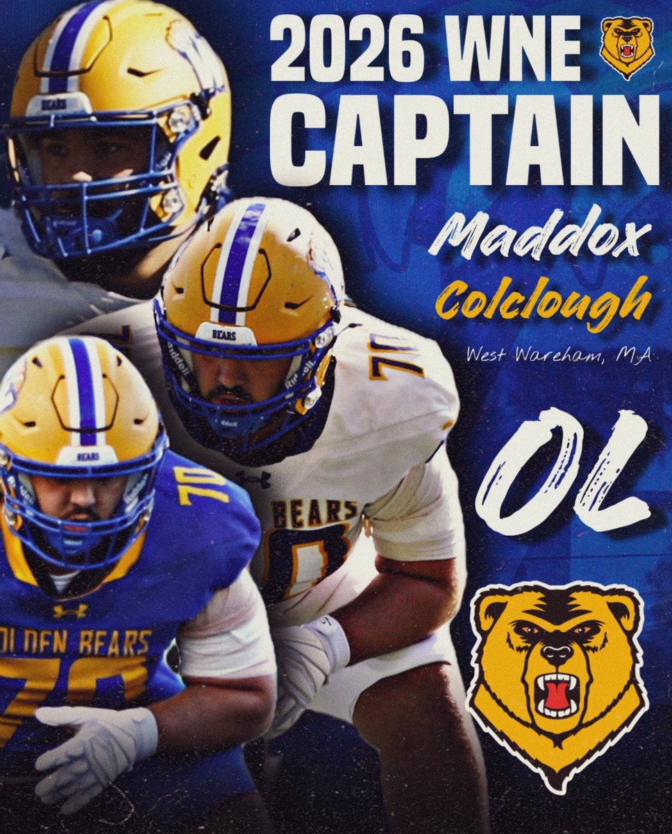WNEFB's tweet photo. We’re excited to announce that OL Maddox Colclough has been named one of the 2026 WNE Football Position Captains 👏🏈

📍 West Wareham, MA
🏫 Whitman-Hanson High School
🏈 OL
🎓 2027

#AlwaysOn #RollBears #OneBetter https://t.co/XSdKtUv7sw
