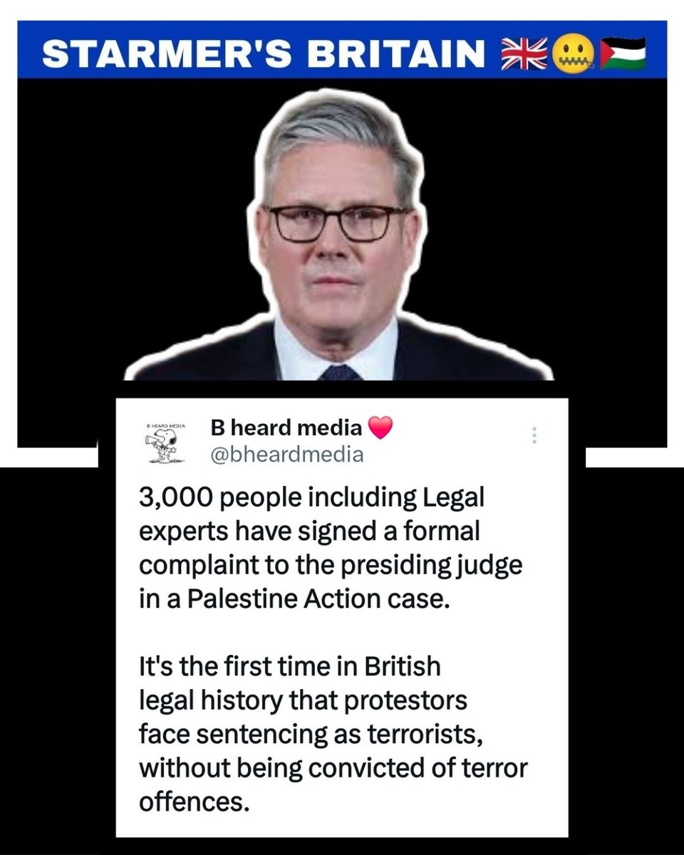 bheardmedia's tweet photo. 3,000 people including Legal experts have signed a formal complaint to the presiding judge in a Palestine Action case.

It's the first time in British legal history that protestors face sentencing as terrorists, without being convicted of terror offences.

#StarmersBritain 🇬🇧🤐🇵🇸 https://t.co/DEcSv0qy7m