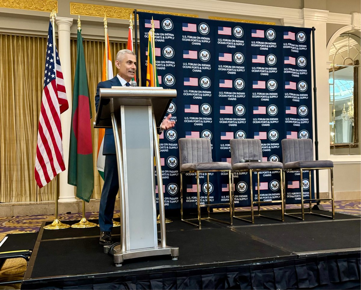 State_SCA's tweet photo. South Asia’s ports are a global commercial hub that provide American firms with investment opportunities while driving economic growth and innovation in the region. At the U.S. Forum on Indian Ocean Ports and Supply Chains, discussed how American businesses can work with South Asian ports to facilitate transparent, high-quality infrastructure development and the use of trusted technologies. --S. Paul Kapur