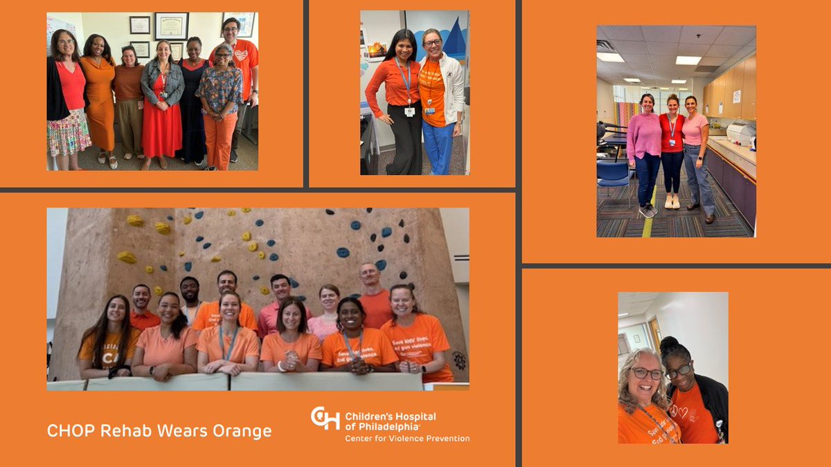 CVPatCHOP's tweet photo. Every day, the team at @ChildrensPhila's Center for Rehabilitation helps children and teens rebuild strength and skills after life-changing injuries. Some of the most devastating injuries are caused by firearms. The team is proud to #wearorange today in honor of their patients impacted by gun violence. #CHOPwearsorange