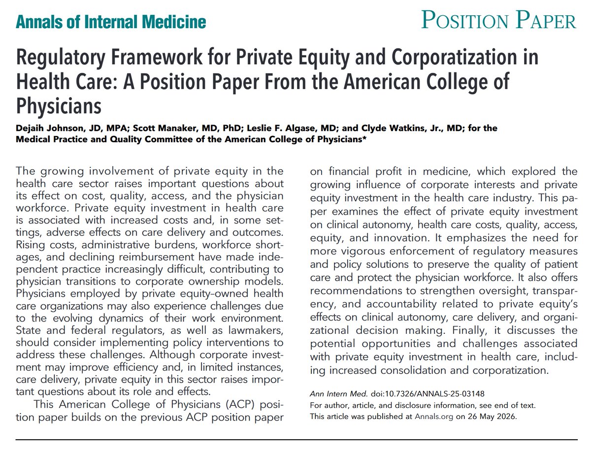 AnnalsofIM's tweet photo. ICYMI: Regulatory Framework for #PrivateEquity and Corporatization in Health Care: A Position Paper From the American College of Physicians https://t.co/Zbz4rim82c https://t.co/snWnS6Wi9H