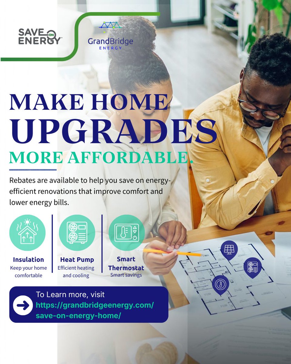 GrandBridgeNRG's tweet photo. Planning home upgrades? 🏠

You could qualify for rebates on energy-efficient improvements like insulation, heat pumps and smart thermostats while improving comfort and lowering energy costs.

Learn more: https://t.co/RuilZFZGKD

#SaveOnEnergy #HomeRenovation #OntarioHomes https://t.co/snuDmcqscz