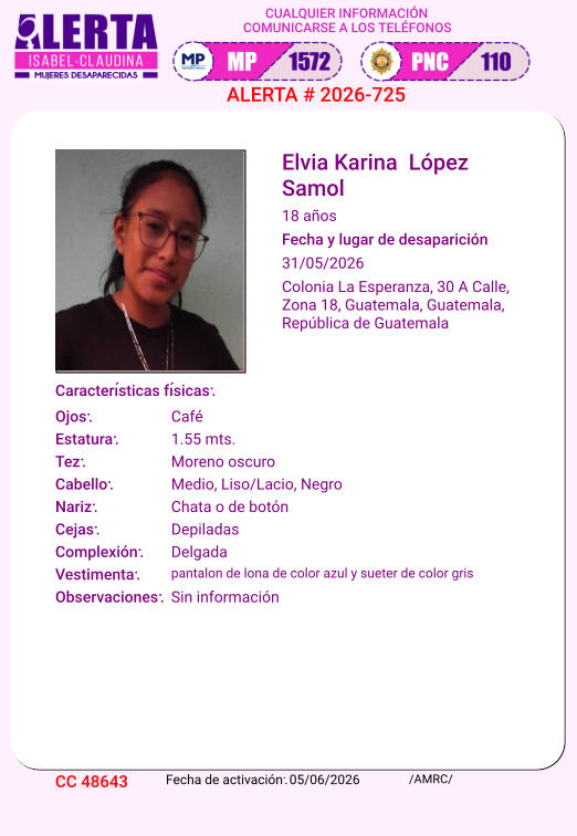 isabel_claudina's tweet photo. #AlertaIsabelClaudina
🚨 Ayúdenos a encontrar a
ELVIA KARINA LOPEZ SAMOL
Desapareció el 31 de mayo del año 2026
Cualquier información comunicarse al teléfono 📞 1572
Gracias por difundir esta información❗ https://t.co/PjR4kJJwHA