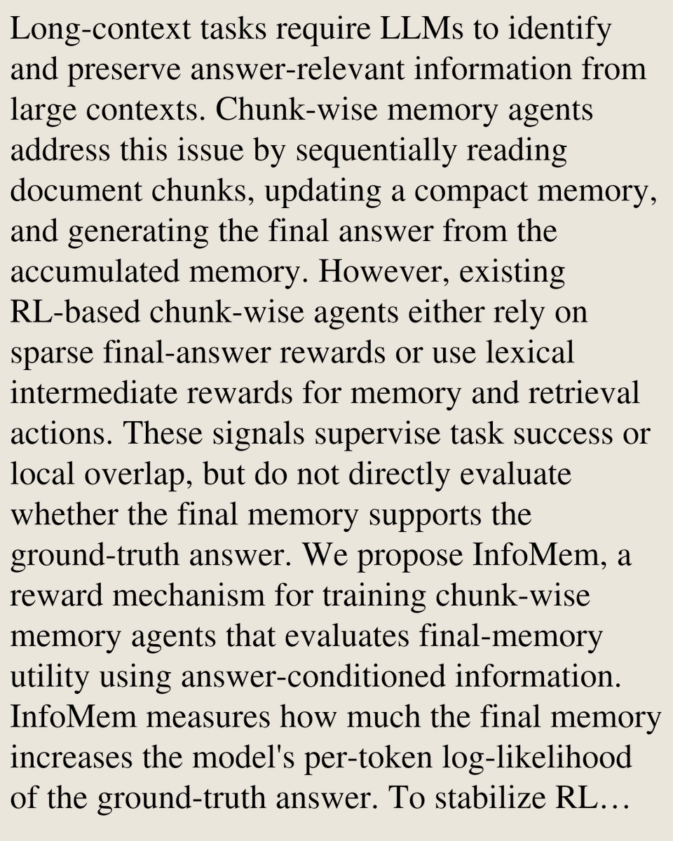 SciFi's tweet photo. InfoMem: Training Long-Context Memory Agents with Answer-Conditioned Information Gain

Tiancheng Han, Yong Li, Wuzhou Yu, Qiaosheng Zhang, Wenqi Shao
https://t.co/W8PQbtfi1Y [𝚌𝚜.𝙰𝙸] https://t.co/OYVIQomFSG