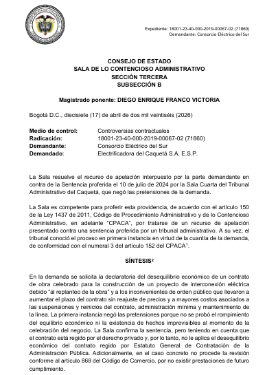 articulo20's tweet photo. SENTENCIA RECOMENDADA 🗣
#Contencioso #Contractual
Confirmación judicial: improcedencia del desequilibrio económico en contrato de derecho privado
RAD: 18001-23-40-000-2019-00067-02 (71860) https://t.co/k8u91RcRFf