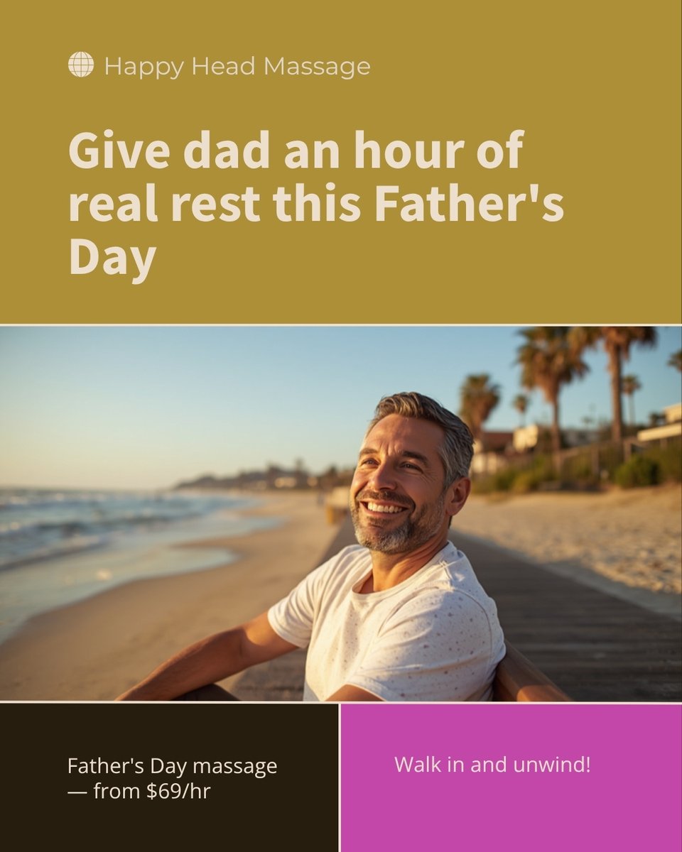 thehappyhead's tweet photo. Skip the tie this year — give dad an hour of real rest. A Father's Day massage in San Diego starts from $69/hr, with 7 locations and 3,000+ 5-star reviews. How to gift it: https://t.co/wSqzdOKzqR #FathersDay #SanDiego https://t.co/hZ1vBqPvps