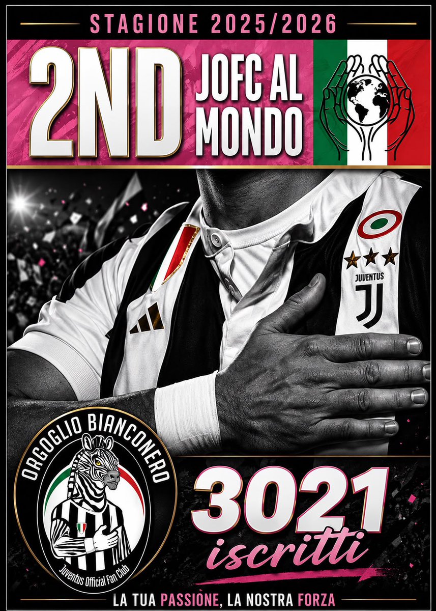 OrgoglioBN's tweet photo. Cari Soci,
con immenso Orgoglio siamo felici di condividere con voi un traguardo straordinario: questo Juventus Official Fan Club si e riconfermato il 2 JOFC piu grande del mondo per numero di iscritti, raggiungendo la straordinaria quota di 3.021 soci.
#JOFCOrgoglioBianconero https://t.co/YINGL8x172