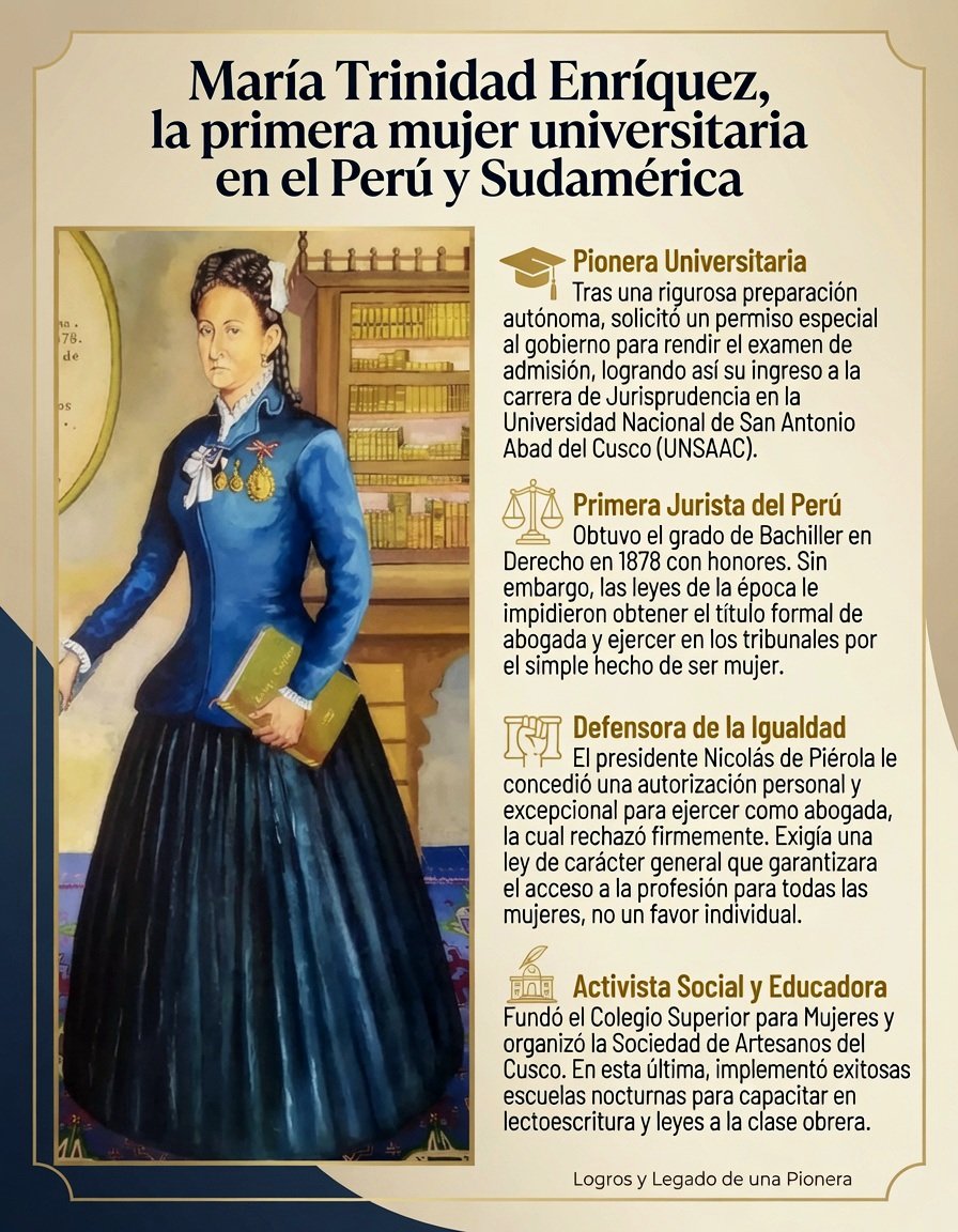 alb_giraldo's tweet photo. 📅 Un día como hoy, 5 de junio de 1846, nació en #Cusco la destacada educadora y jurista #peruana Trinidad María Enríquez, quien rompió barreras al convertirse en la primera mujer #sudamericana en acceder a la universidad. Su lucha por la igualdad marcó un hito en la historia de la educación y los derechos de las mujeres en el #Perú.

Hacia 1866 se desempeñó como profesora en el Colegio de Educandas del Cusco, donde tuvo como alumna a Clorinda Matto. Posteriormente, alrededor de 1870, fundó un colegio en el que, por primera vez, se impartieron a niñas cusqueñas materias como ciencias físicas y naturales, literatura, historia y otras asignaturas propias de la instrucción media.

Fue la primera mujer que se matriculó en la Universidad del Cusco (actual Universidad Nacional de San Antonio Abad), donde cursó Letras y Jurisprudencia. Con ello se convirtió en la primera mujer universitaria del Perú y de #Sudamérica, así como en la primera jurista del país. Para poder matricularse, fue necesario que el 3 de octubre de 1874 se expidiera una resolución suprema. En 1878 obtuvo el grado de bachiller en Jurisprudencia, aunque no el título de abogada, ya que en esa época las mujeres no podían obtener títulos profesionales. A pesar de que demandó su caso ante el poder legislativo, no logró su objetivo, pero sentó un importante precedente en el camino hacia la formación profesional de las mujeres en el Perú.

Además, lideró durante algunos números la sección «Mosaico» de la revista El Recreo, periódico literario fundado en Cusco en 1876 bajo la dirección de Clorinda Matto de Turner y Abraham Vizcarra. En esta sección, cuyo título anticipaba su carácter variado, Enríquez publicó comentarios críticos sobre la realidad social, educativa y cultural del Cusco, además de reseñar las últimas ediciones de otros medios de prensa.

Murió en #Lima el 20 de abril de 1891. Su legado como pionera de la educación y los derechos de las mujeres en el Perú sigue siendo reconocido hasta hoy.