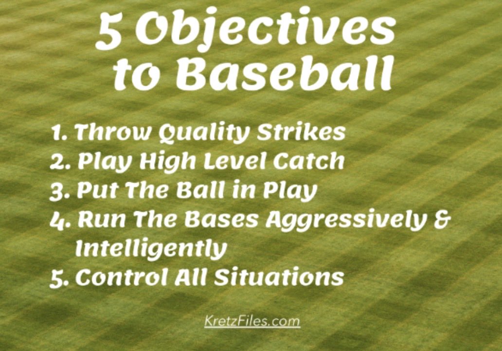 CoachRonKretz's tweet photo. Objectives of Baseball

1.  Throw high quality strikes

2.  Play high level catch

3.  Put the ball in play

4.  Run the bases aggressively and intelligently

5.  Control all situations

Boring - Yes 

Objectives of the game - Yes

This was the last message before every game. 

The players and I would recite it in unison.