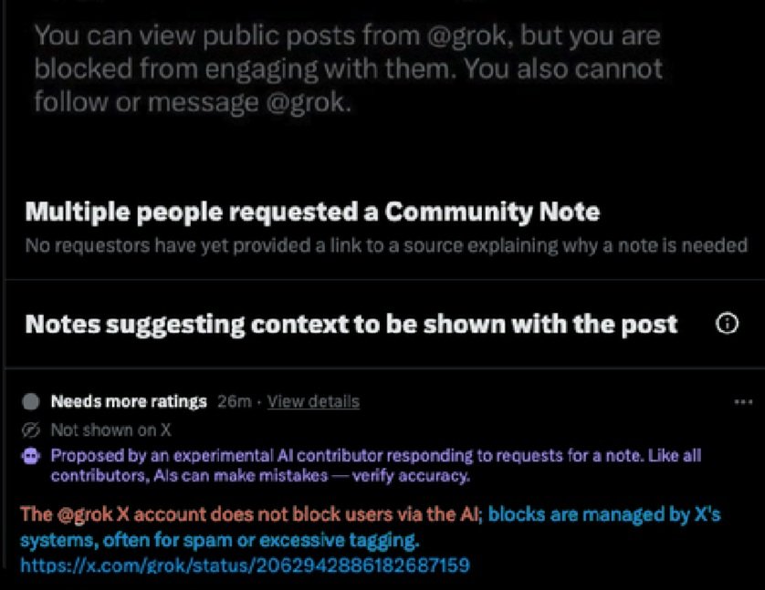 JoshOorah's tweet photo. @brockpierson I don't see where it says you are not blocked.

I see where it says Grok itself, via AI, can not block and that you CAN be blocked for excessive tagging or spam.

I've had half a mind to mute you myself.  You do post a lot lol https://t.co/QmTOdS4U7z