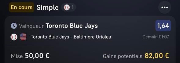 Lenzoprono's tweet photo. Hello l’équipe ☀️

Montante X5 avec @Suisseprono 👀 

• Toronto Blue Jays gagne 

1️⃣ 50€ ➡️ 82€ 🚀

❤️ SI TU SUIS 

#TeamParieur https://t.co/U4h7kQpir2