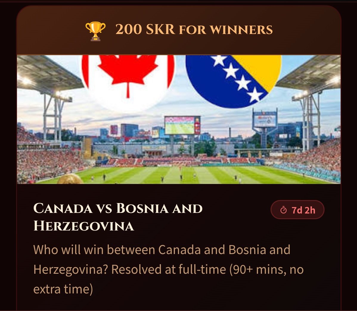 seekerenvelope's tweet photo. New Prediction Market Live!

🇨🇦 Canada vs 🇧🇦 Bosnia and Herzegovina  Who Will Win?

Back your prediction with your points and compete for the $SKR reward.

📊 Canada Win
🤝 Draw
🇧🇦 Bosnia and Herzegovina Win

Make your pick before kickoff on Seeker Envelope. https://t.co/9yxI7aFdKr