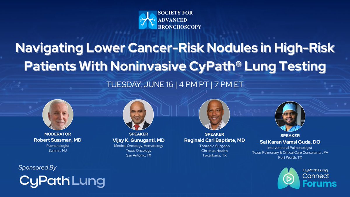bioAffinity's tweet photo. Webinar on #CyPathLung role in #pulmonary, #oncology and surgical practices for the detection and management of early-stage #lungcancer.
June 16, 2026 at 7 p.m. ET
Hosted by Society for Advanced Bronchoscopy (SAB)
Register at https://t.co/T8CRnmUNVc
#LungNodules #Bronchoscopy https://t.co/aFpJm8HumO