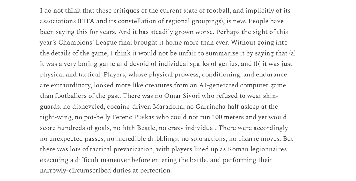 mla5499's tweet photo. Branko Milanovic é lado B - e ainda coloca os pingos nos i's sobre a "mercantilização": "some of its original features that made football stand out among sports have been lost. A sport that has historically been grounded [...] has now become a deracinated sport." https://t.co/eSIxx4RGPv
