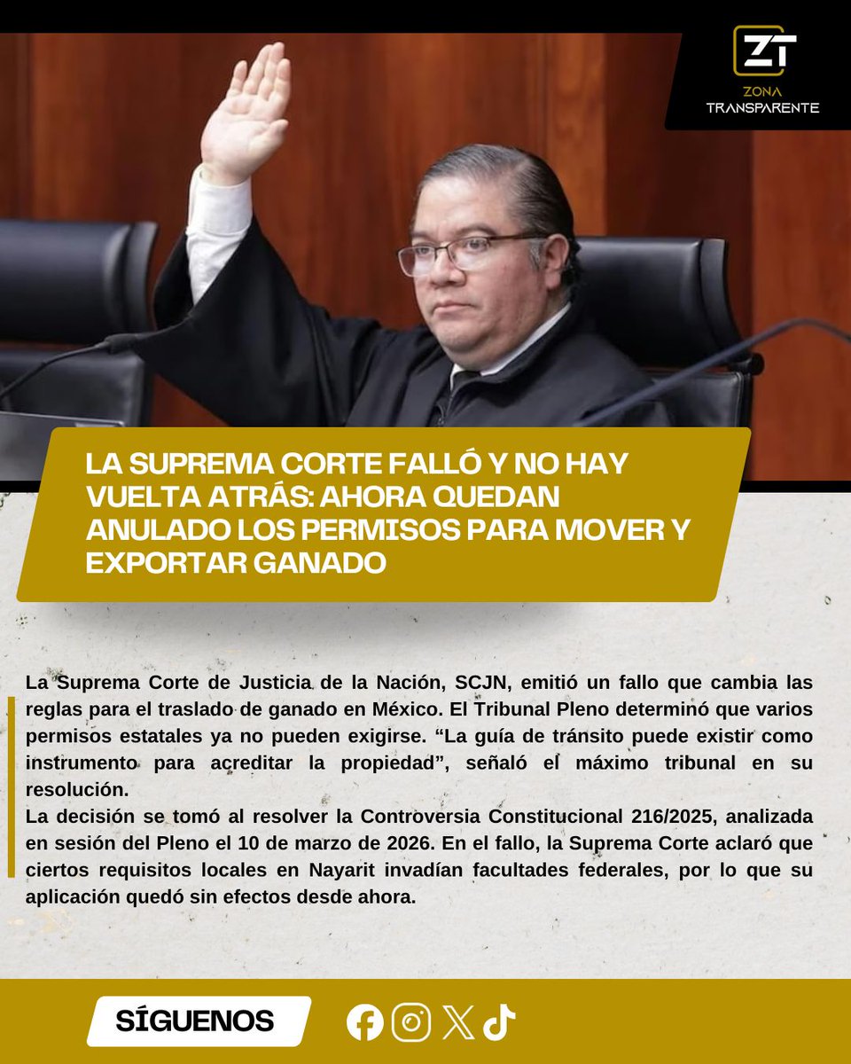 ZonaTransparent's tweet photo. 🚨🐂 ¡Histórico! La SCJN anuló los permisos estatales obligatorios para el traslado y exportación de ganado tras resolver que invaden facultades federales
La Corte aclaró que las guías locales solo servirán para acreditar la propiedad, no para frenar la movilidad. ⚖️🤠🦂 https://t.co/EfMt6ndV04