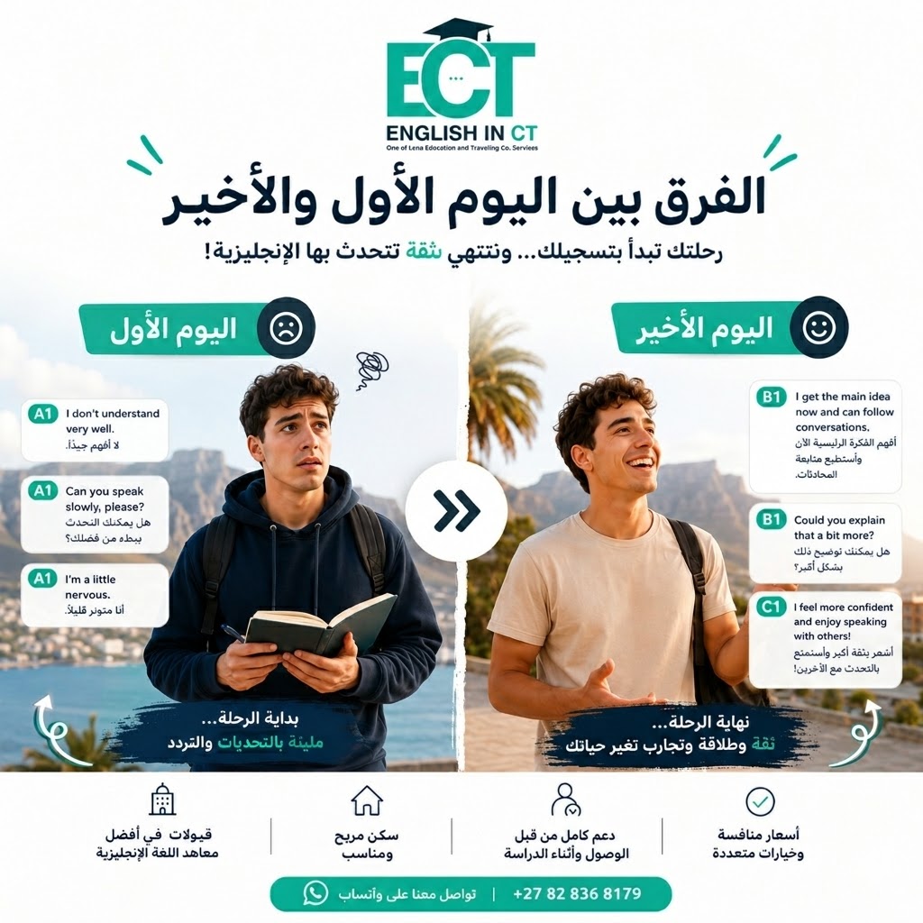 engctown's tweet photo. بين هالصورتين رحلة متكاملة 📚✨
بداية فيها تردد وخوف من الكلام،
ونهاية فيها ثقة وقدرة تتكلم وتفهم بكل أريحية.

إذا ناوي تطور لغتك فعلاً، كيب تاون تنتظرك 🇿🇦 https://t.co/feIzTE47qO