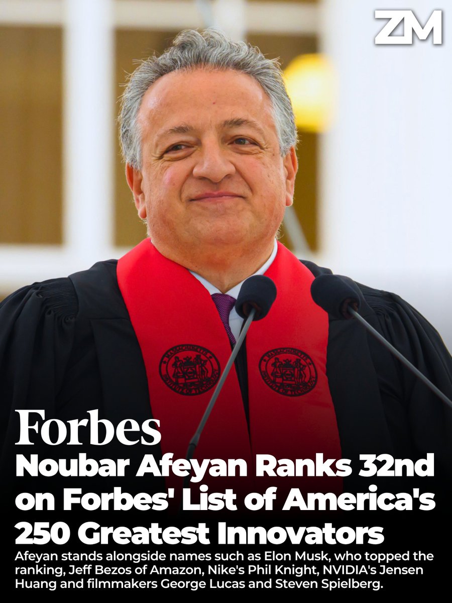 ZartonkMedia's tweet photo. Noubar Afeyan Ranks 32nd on Forbes' List of America's 250 Greatest Innovators 2026 🇦🇲🇺🇸
➖➖➖
Armenian-American entrepreneur Noubar Afeyan, the scientist and investor who helped bring the world one of its first mRNA vaccines, has been ranked 32nd on Forbes' list of America's 250 Greatest Innovators, a list released to mark the United States' 250th anniversary. He stands among names that define modern American industry, with Elon Musk topping the ranking, followed by Jeff Bezos of Amazon, Nike's Phil Knight, NVIDIA's Jensen Huang and filmmakers George Lucas and Steven Spielberg, reports Zartonk Media.

Forbes compiled the list through an unusual process, scoring nearly a thousand nominees on creativity, disruption, and commercial impact through a panel of judges, then asking artificial intelligence tools to rank them before editors set the final order. For Afeyan, the placement marks formal recognition of a career that turned a refugee child's improbable arrival in North America into one of the most consequential records in American science.

Through Flagship Pioneering, the firm he founded in 2000, Afeyan has helped create more than one hundred science companies, each beginning from a single question, "What if?" The most consequential answer came in 2010, when he co-founded Moderna, at a time when using messenger RNA as medicine was almost unheard of. A decade later that idea became a vaccine deployed to billions of people across more than seventy countries during the COVID-19 pandemic. Afeyan serves as Moderna's board chairman, and for his body of work he received the National Medal of Technology and Innovation, the highest honor the United States grants for technological achievement.

Afeyan's roots trace to Beirut, where he was born in 1962 to Armenian parents, his grandfather a survivor of the Genocide. His family fled the Lebanese Civil War for Montreal in 1975, and he went on to study at McGill University before completing a doctorate in biochemical engineering at MIT in 1987, entering biotechnology at the very moment it was becoming an industry. He speaks Western Armenian, and he has long pointed to his immigrant background as the engine behind his scientific, business, and philanthropic work, the kind of formation that shapes a person before they go on to build careers of their own.

In 2015, alongside the late Vartan Gregorian and Ruben Vardanyan, the Armenian philanthropist now held hostage in an Azerbaijani prison after the ethnic cleansing of Artsakh, Afeyan co-founded the Aurora Humanitarian Initiative and its Aurora Prize for Awakening Humanity, an award that honors those who risk themselves to save others, rooted explicitly in the memory of the Armenian Genocide and the survivors who were once saved by strangers. He is a founding backer of the Foundation for Armenian Science and Technology, a board member of the UWC Dilijan International School, a co-founder of the Future Armenian initiative, and an early architect of efforts to chart the country's long-term development. Most recently he has turned toward Armenia's technological future, serving as a founding partner and strategic advisor to Firebird, the company building a roughly half-billion-dollar AI data center in the country together with NVIDIA and the Armenian government, with his Afeyan Foundation for Armenia among its founding investors.

There is something fitting in seeing an Armenian name on a list defining American ingenuity at the nation's 250th year. The American story has always been, in large part, the story of who arrives and what they go on to build. Afeyan arrived as a boy with a displaced family and a foreign name, and he became one of the people that name is now used to celebrate. For the Armenian nation, scattered across the world and accustomed to building its institutions on borrowed ground, his place on that list is a milestone worth marking.