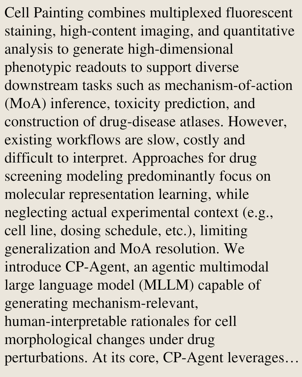 SciFi's tweet photo. CP-Agent: Context-Aware Multimodal Reasoning for Cellular Morphological Profiling under Chemical Perturbations

Yuxin Zhang, Yiyao Li, Ping Shu Ho, Simon See, Zhenqin Wu, Kevin Tsia
https://t.co/ULLOZlqj6c [𝚌𝚜.𝙰𝙸]
💬ICLR 2026 https://t.co/o6l3Cby1a5