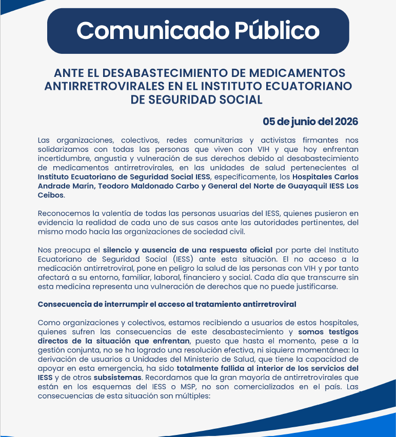 FEquidad's tweet photo. Las organizaciones y activistas con trabajo en VIH instamos al @IESSec y al @Salud_Ec a coordinar las acciones y garantizar el acceso al tratamiento de las personas que viven con VIH usuarias del Seguro Social @CKimirina @DialogoDiverso  @Maticesecu @FEquidad https://t.co/WVFD5GBuMa