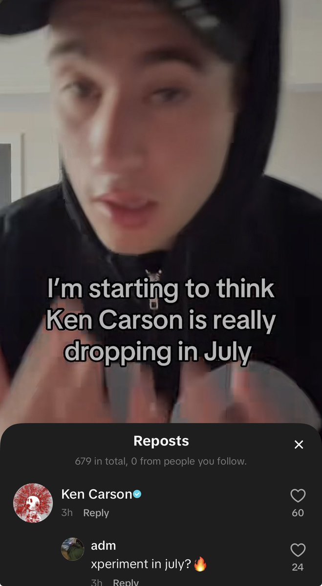 lxlvsh0t's tweet photo. The Ken Carson TikTok account reposted a video about Ken Carson dropping in July👀 https://t.co/dx7TKYW3Ub