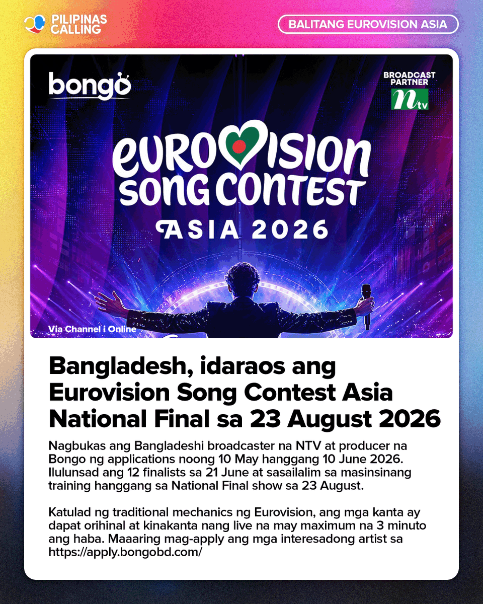 escphcalling's tweet photo. ICYMI: Nagbukas ang Bangladeshi broadcaster na NTV at producer na Bongo ng applications noong 10 May hanggang 10 June 2026. Ilulunsad ang 12 finalists sa 21 June at sasailalim sa masinsinang training hanggang sa National Final show sa 23 August.
#PilipinasCalling #EurovisionAsia https://t.co/zN6qiSTHBl