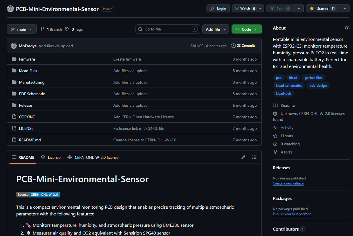 MbFredys's tweet photo. Closed hardware stifles innovation. 
That’s why this mini environmental sensor with ESP32-C3 is open source under the CERN-OHL‑2 license.

Schematics, Gerbers, and design files ready to manufacture and modify.

Repository link below. https://t.co/P19W58Szya