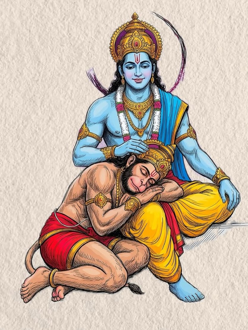 Dharma0292's tweet photo. राम की गोद में बैठा हनुमान बता रहा है कि भगवान को बल नहीं, भाव चाहिए। ❤️ https://t.co/sSPRtpTEG5